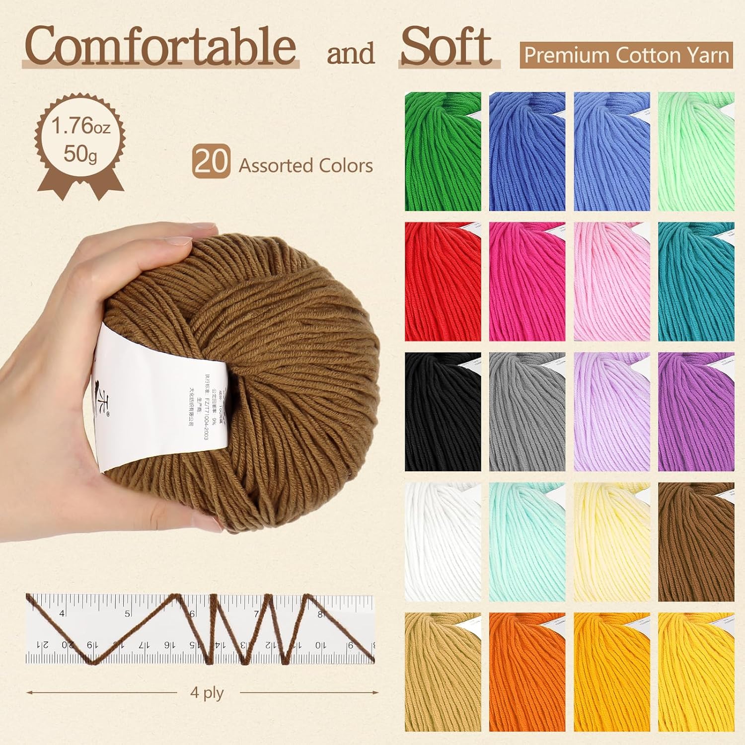 Katech 20 Skeins Cotton Yarn for Crocheting-55% Cotton 45% Acrylic-#3 DK (Light)-Super Soft Milk Cotton Yarn-Great Crochet and Knitting Starter Kit for Colorful Craft(Color A) - Image 5